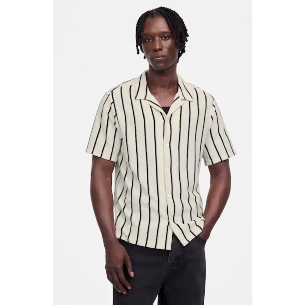 Madewell NWT Men’s Vintage Ivory Textured Stripe Knit Camp Collar Shirt size XL